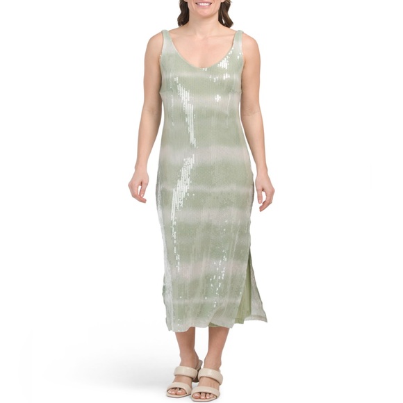CAROLINE CONSTAS MINT GREEN TIE DYE OMBRÉ SEQUINS MIDI DRESS SHEATH SUMMER VNECK - Picture 3 of 5